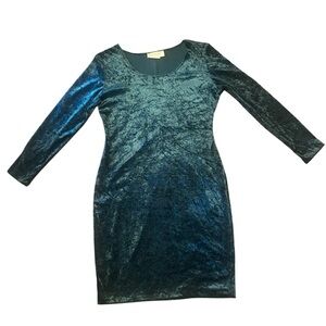 Vintage 90s Expressions Emerald Green Crushed Velvet Mini Dress S/M Long Sleeve